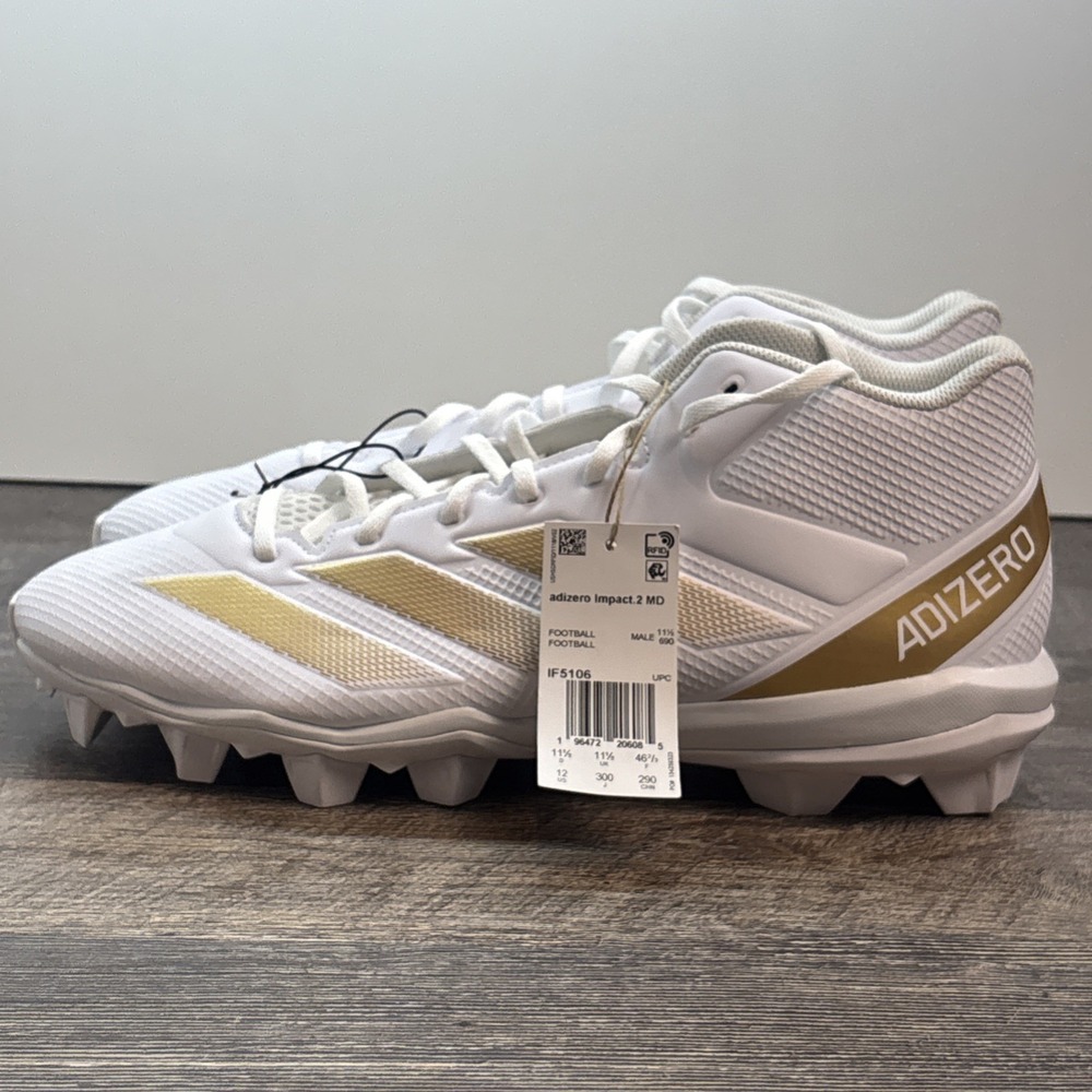 Adidas Men's 12 Adizero Impact.2 MD Football Cleats White Gold IF5106‎ NEW